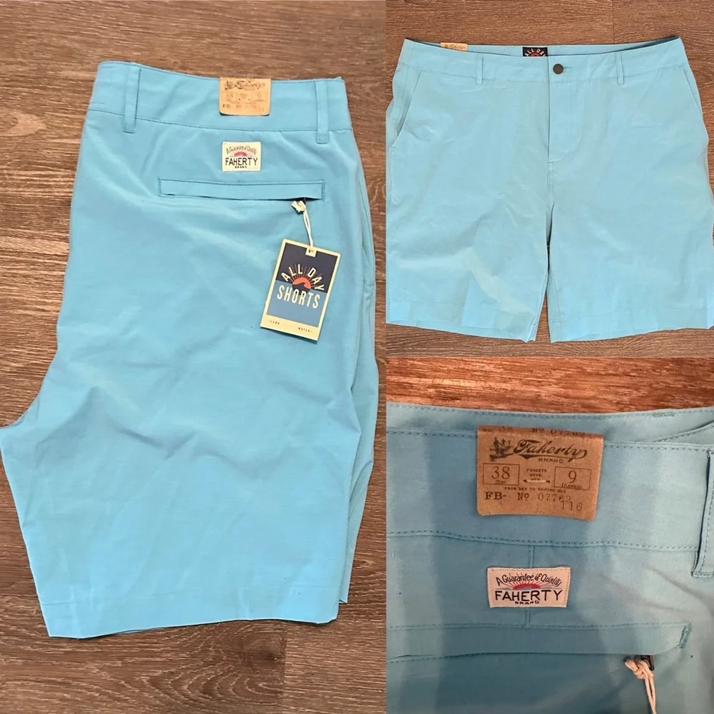 Men’s FAHERTY All Day Shorts turquoise sky blue 9 inch inseam size 38
